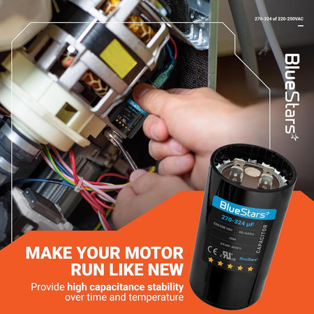 BlueStars 270-324 uF 220-250 VAC round start capacitor being installed into an electric motor.