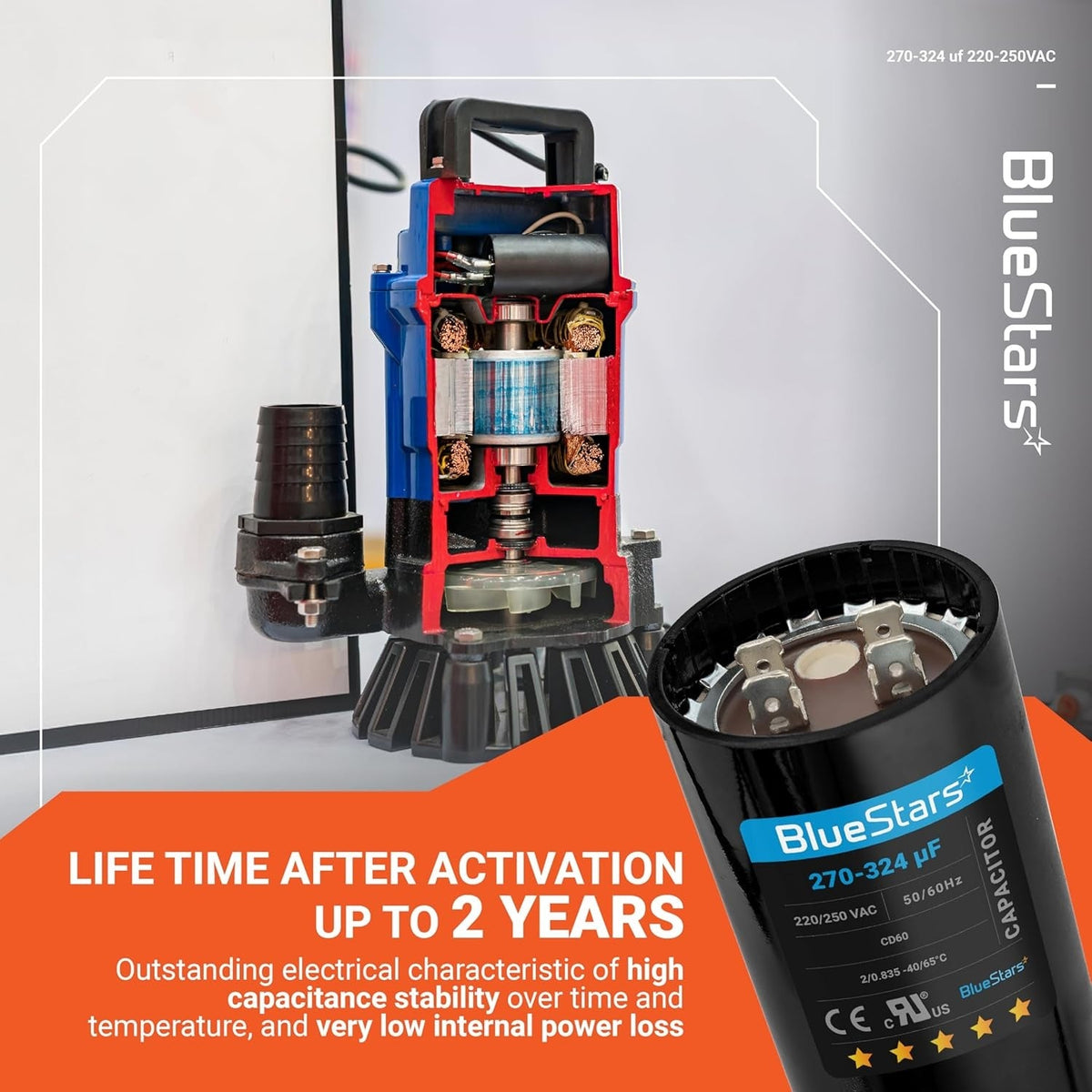 270-324 uF 220-250 VAC round start capacitor for electric motors shown with a cross-section of a submersible pump.