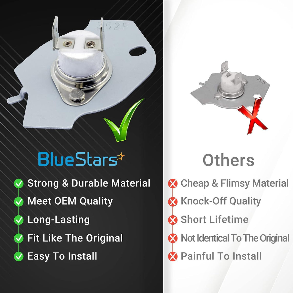 3977394 Dryer Thermal Fuse comparison graphic showing BlueStars part with check marks versus other part with red X