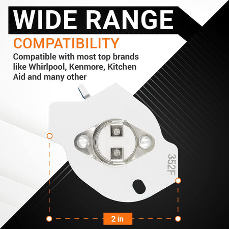 3977394 Dryer Thermal Fuse showing front view with 2-inch dimension and wide-range compatibility text
