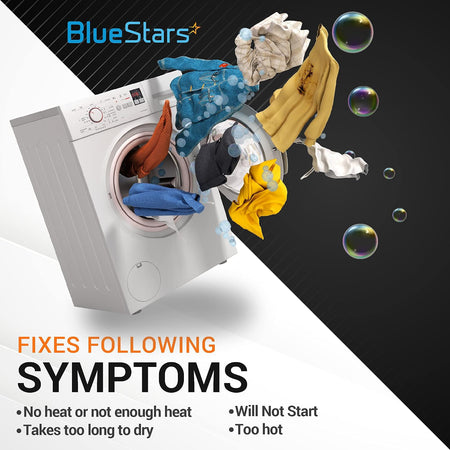 3977394 Dryer Thermal Fuse, graphic showing a laundry appliance and listed drying problem symptoms