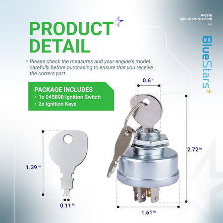045898 ignition starter switch with keys and dimensional measurement diagram for lawn mower compatibility.