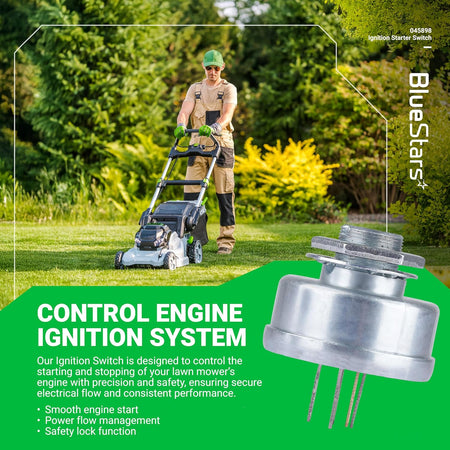 045898 ignition starter switch for lawn mowers shown in a promotional graphic with a person mowing the lawn.
