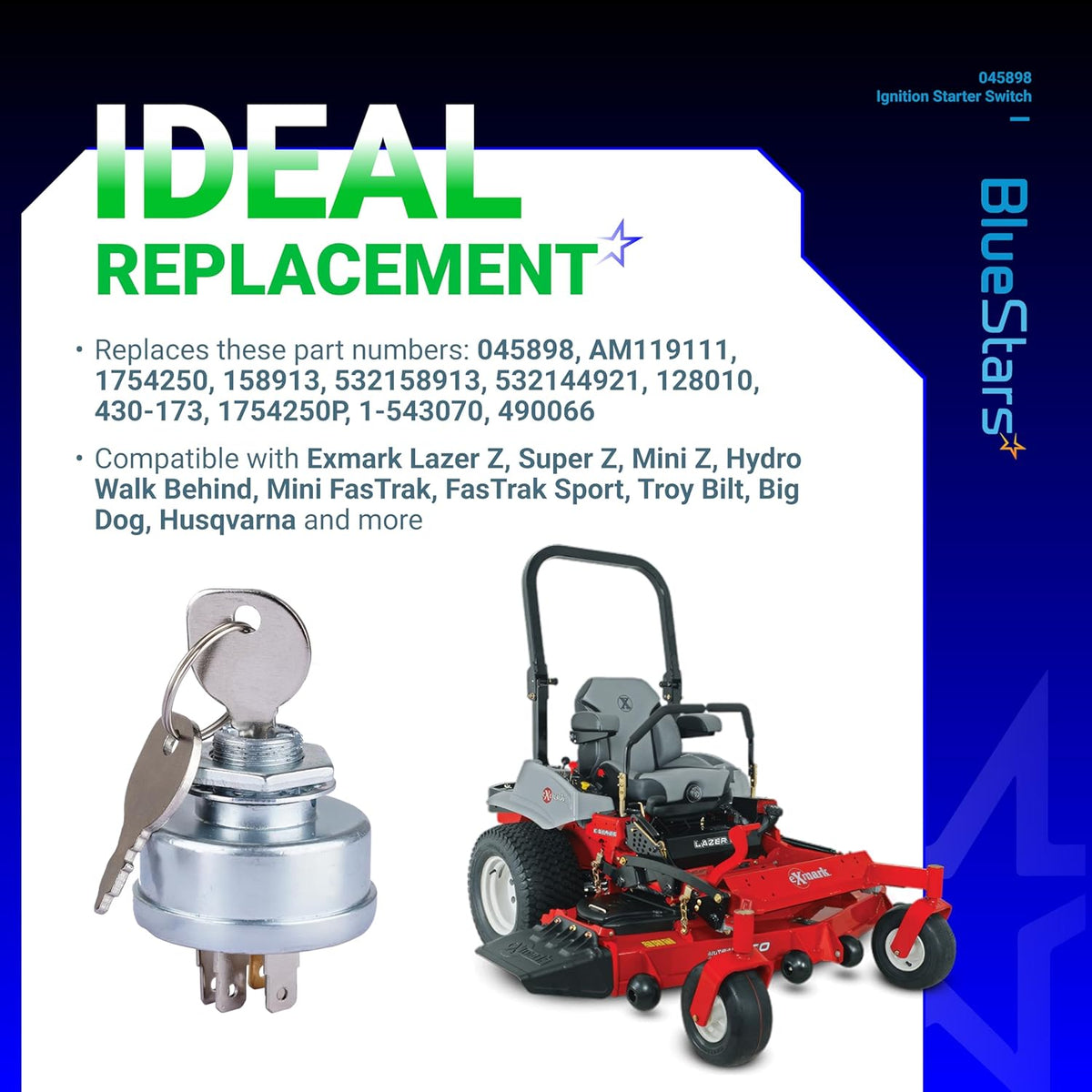 045898 ignition starter switch with keys and compatible Exmark zero-turn mower shown on informational product graphic.