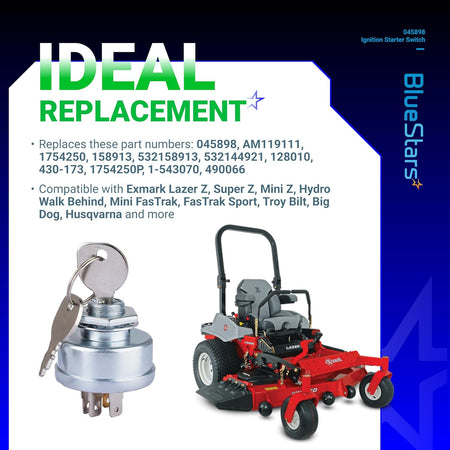 045898 ignition starter switch with keys and compatible Exmark zero-turn mower shown on informational product graphic.