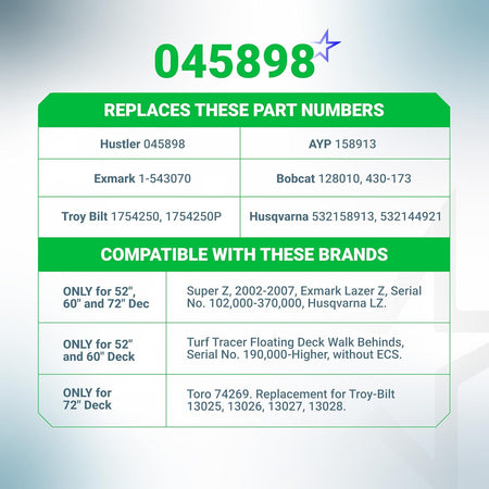 Compatibility chart for 045898 ignition starter switch listing replacement part numbers and mower deck fitment.