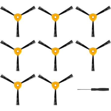 Eight replacement side brushes for Deebot robotic vacuums with a small screwdriver tool.