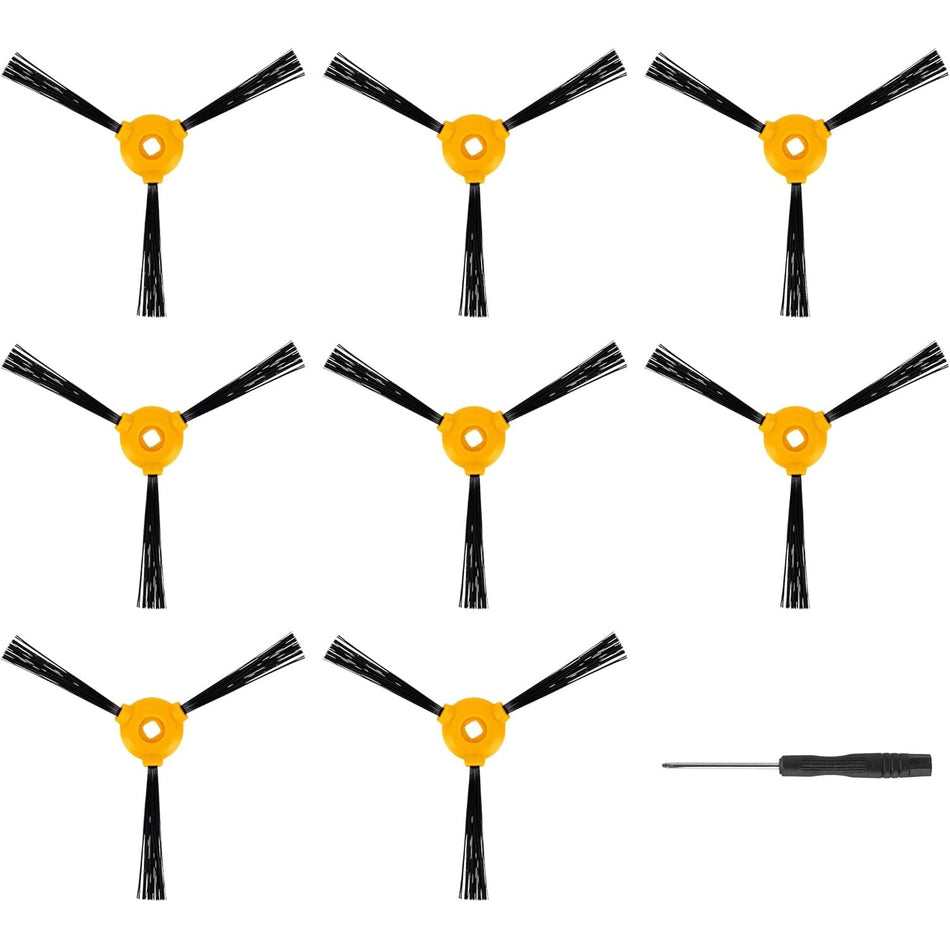 Eight replacement side brushes for Deebot robotic vacuums with a small screwdriver tool.
