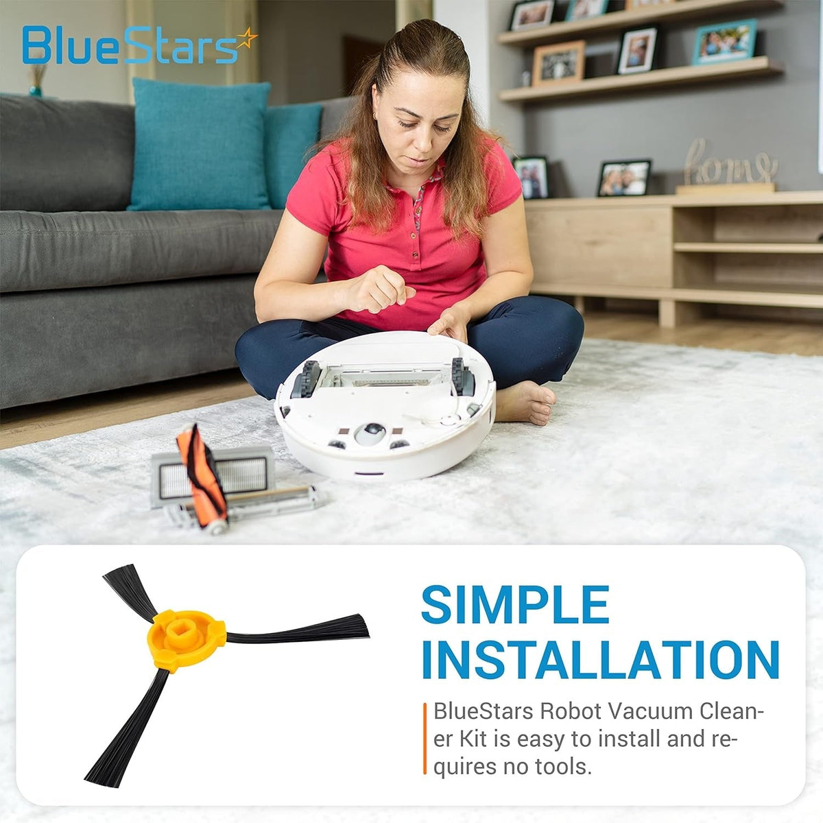Woman installing a side brush replacement on a Deebot robotic vacuum cleaner.