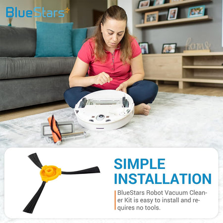 Woman installing a side brush replacement on a Deebot robotic vacuum cleaner.
