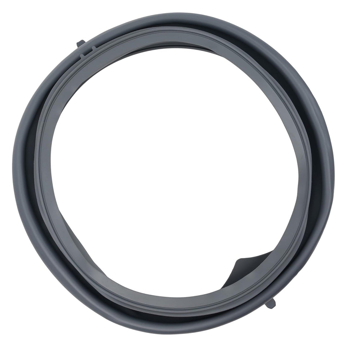 Grey rubber door boot seal for Whirlpool and Maytag front load washers, top-down view.