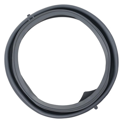 Grey rubber door boot seal for Whirlpool and Maytag front load washers, top-down view.