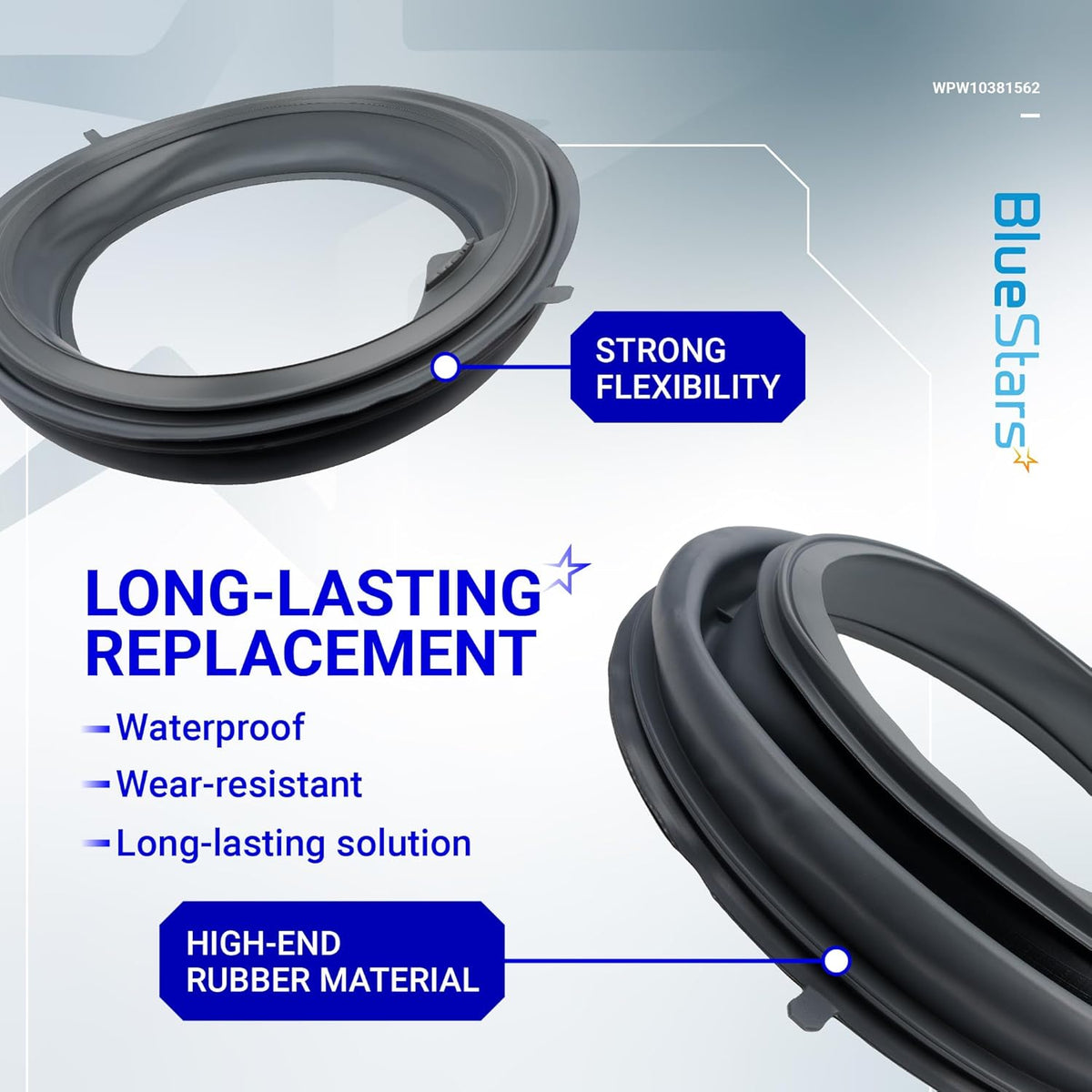 WPW10381562 washer door boot seal replacement showing flexible, wear-resistant rubber material features.