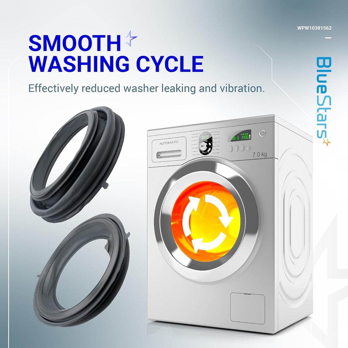WPW10381562 washer door boot seal shown with a front load washing machine to illustrate reduced leaking and vibration.