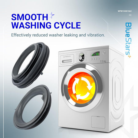 WPW10381562 washer door boot seal shown with a front load washing machine to illustrate reduced leaking and vibration.