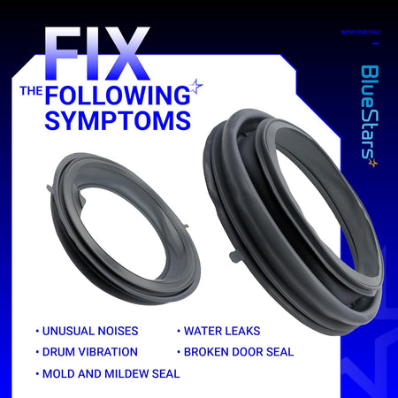 WPW10381562 washer door boot seal replacement showing symptoms fixed including leaks, noise, and mold.