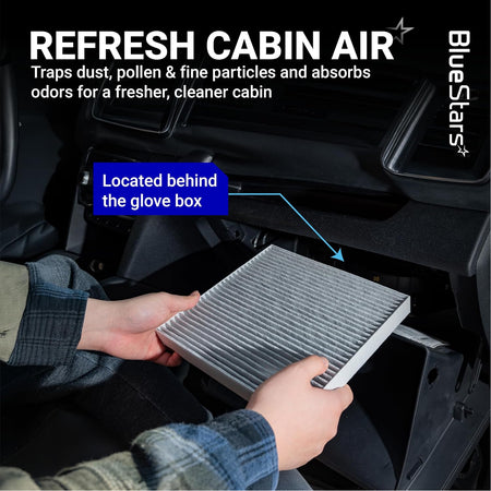 Engine & Cabin Air Filter Combo, cabin filter shown being removed from behind a vehicle glove box
