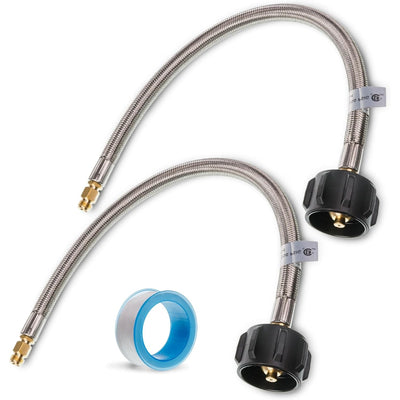 Two 15-inch stainless steel braided RV propane pigtail hoses with QCC1 connectors and a roll of thread seal tape.
