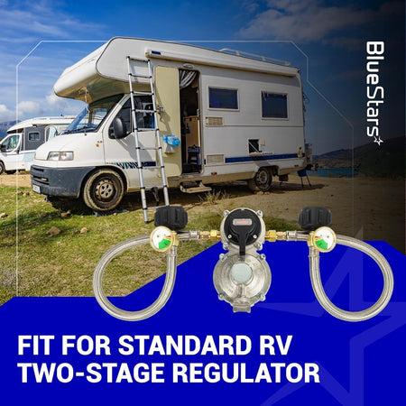 Stainless braided propane pigtail hoses connected to an RV two-stage regulator with pressure gauges.