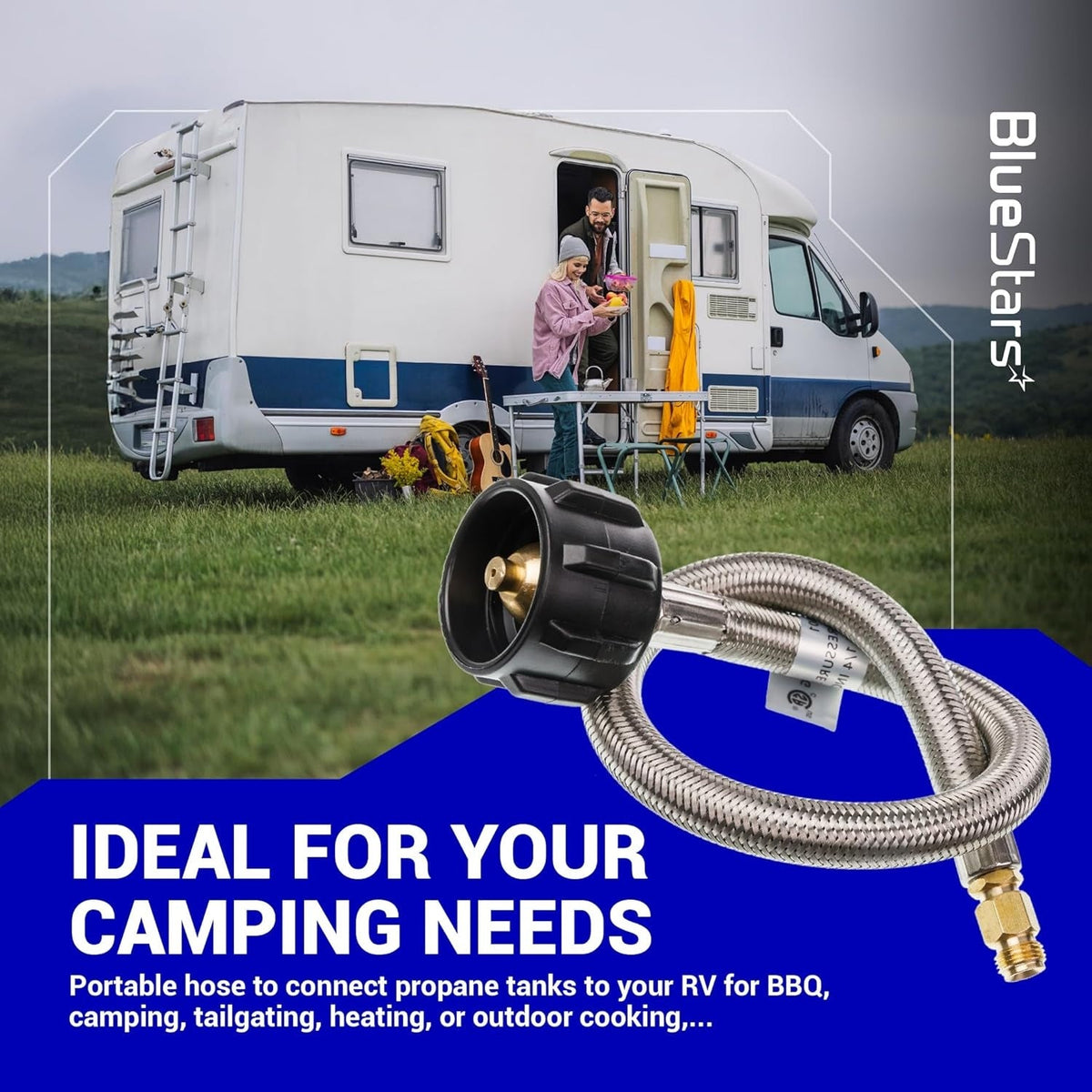 15 inch stainless braided RV propane pigtail hose with QCC1 connector for camping and BBQ setups.