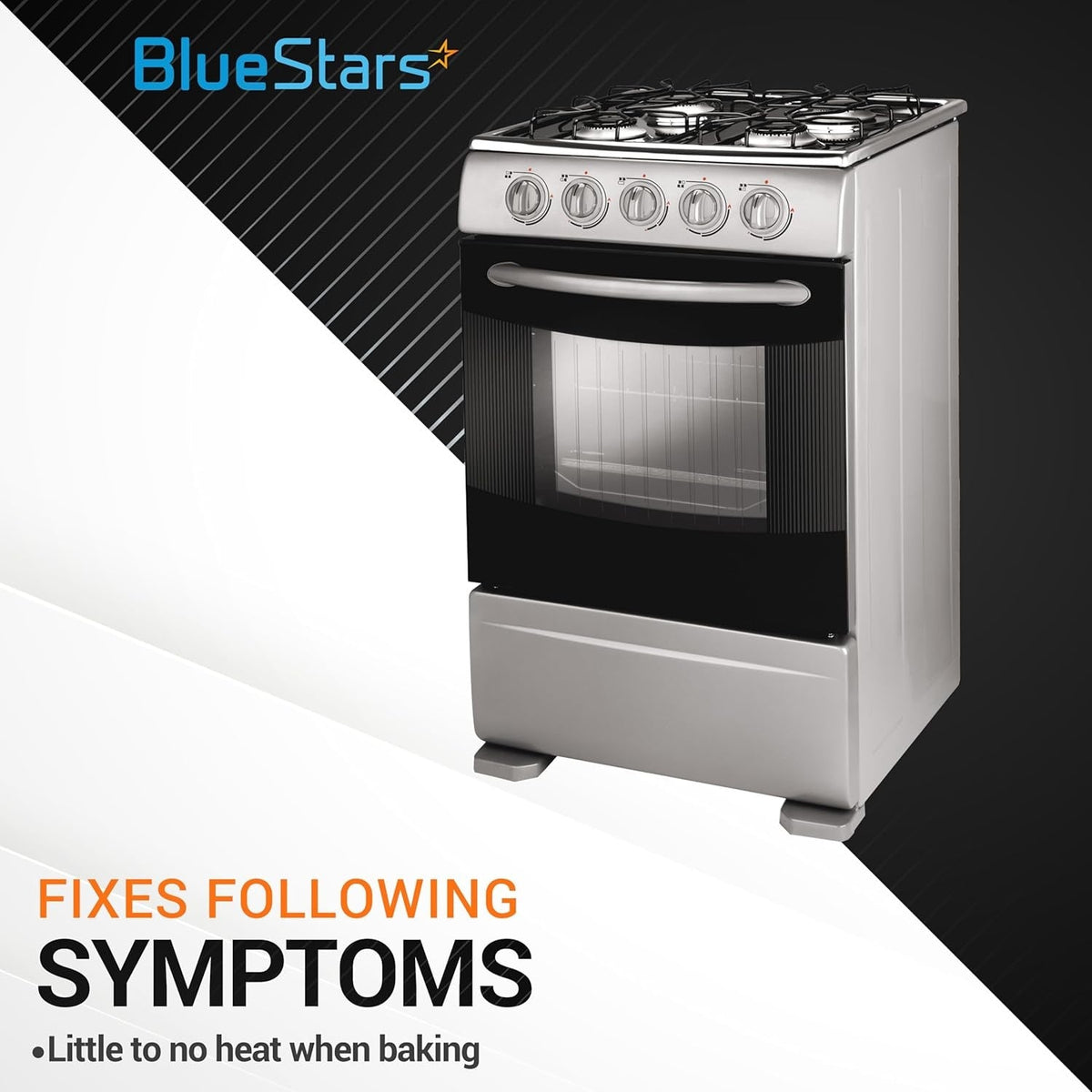 Stainless steel range oven illustrating symptoms of little to no heat when baking for temperature sensor probe repair.