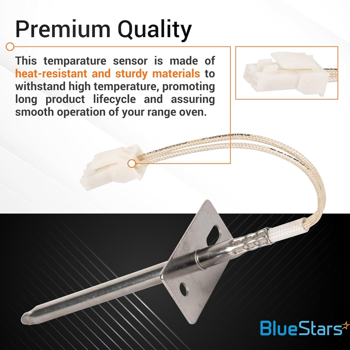 Range oven temperature sensor probe with mounting bracket and wire connector for Samsung and LG ovens.