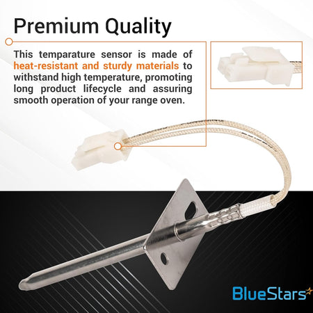 Range oven temperature sensor probe with mounting bracket and wire connector for Samsung and LG ovens.