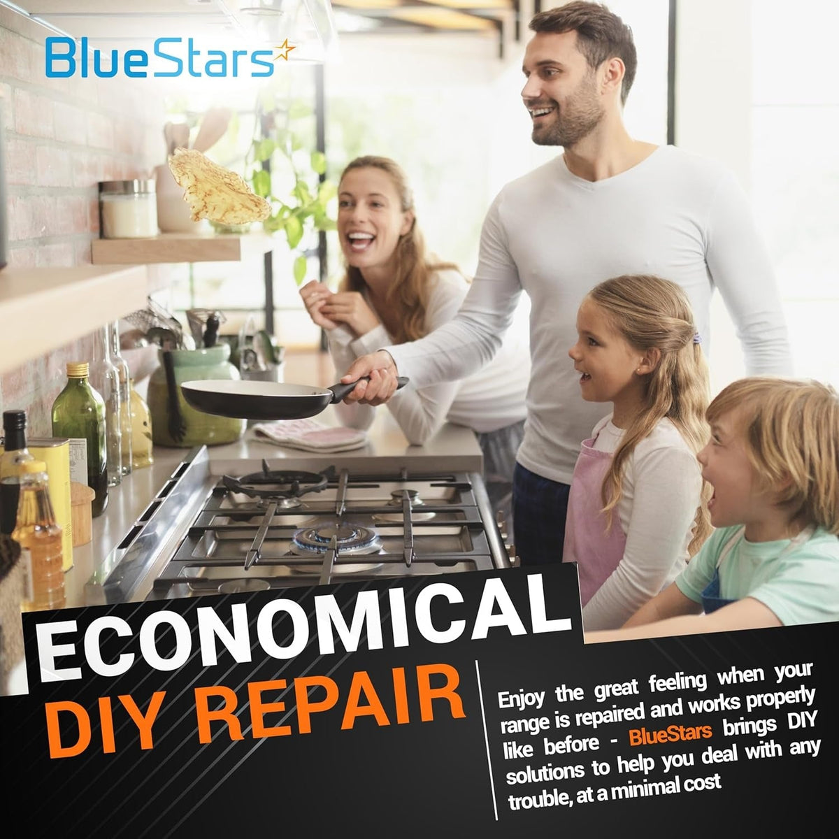 Family cooking in kitchen with BlueStars DIY range oven repair promotional graphic
