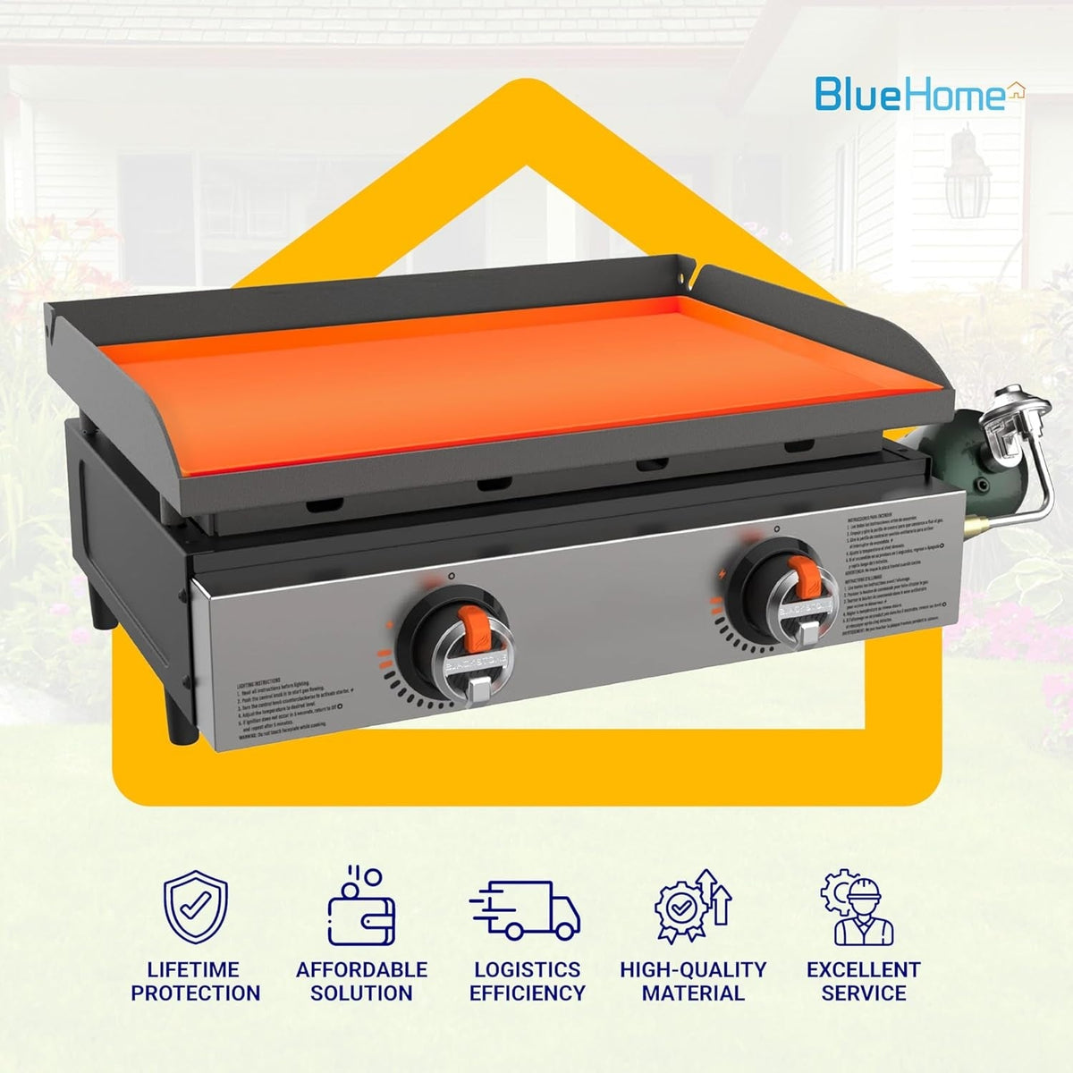 Orange silicone protective mat covering a 28-inch Blackstone griddle surface.