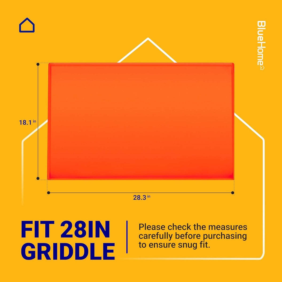Orange silicone griddle mat for 28-inch Blackstone griddles showing 28.3 by 18.1 inch dimensions.