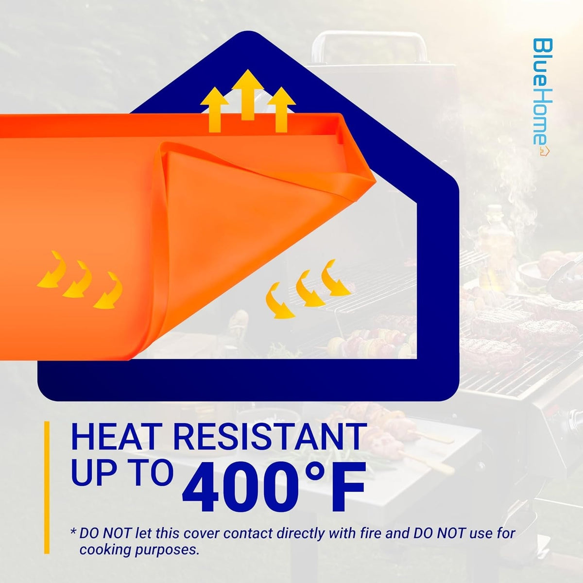 Orange 28-inch silicone griddle mat for Blackstone showing heat resistance up to 400°F.