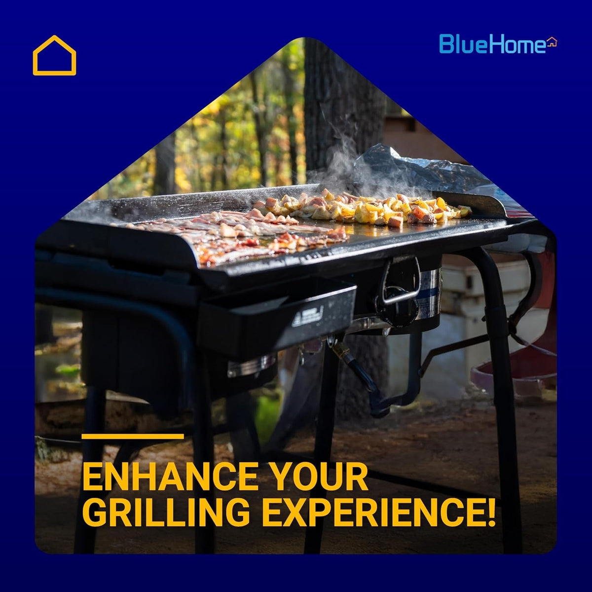 Food cooking on a 28-inch Blackstone griddle outdoors with BlueHome branding.
