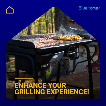 Food cooking on a 28-inch Blackstone griddle outdoors with BlueHome branding.