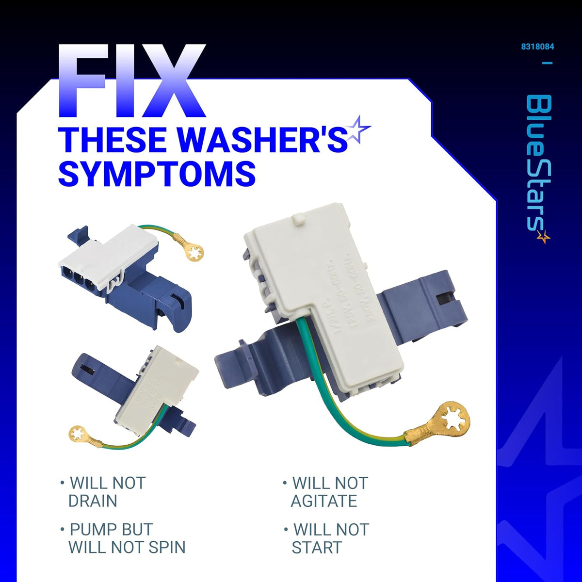 Informational graphic showing 8318084 washer lid switch replacement parts and common repair symptoms.