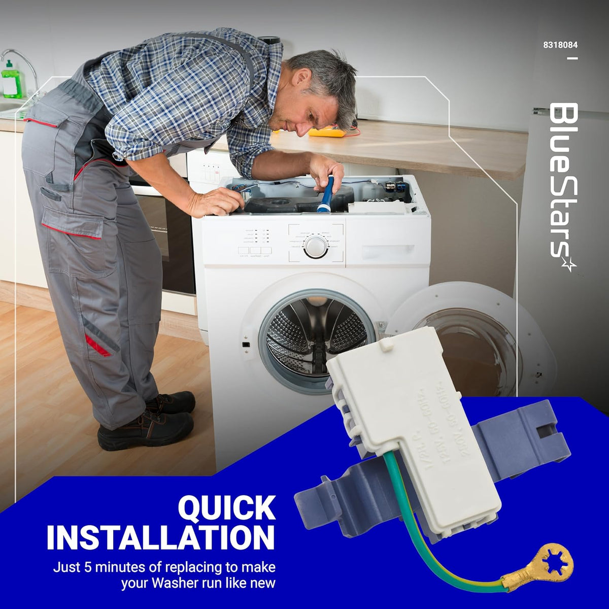 8318084 washer lid switch replacement part with technician repairing a washing machine in the background.
