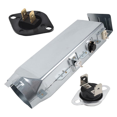 DC97-14486A dryer heating element assembly with two thermal thermostats for Samsung dryers.