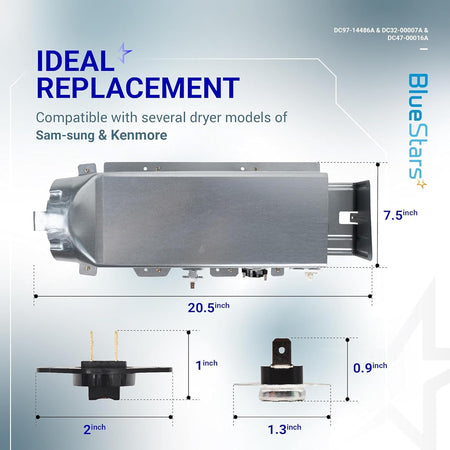 DC97-14486A dryer heating element kit with dimensions and included thermal fuses for Samsung and Kenmore dryers.