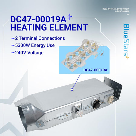 DC97-14486A dryer heating element assembly with DC47-00019A heating coil and terminal connections.