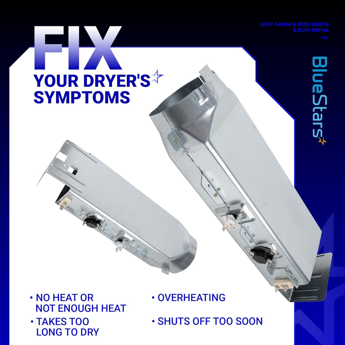 DC97-14486A dryer heating element assembly kit with housing and thermostats for Samsung dryers.