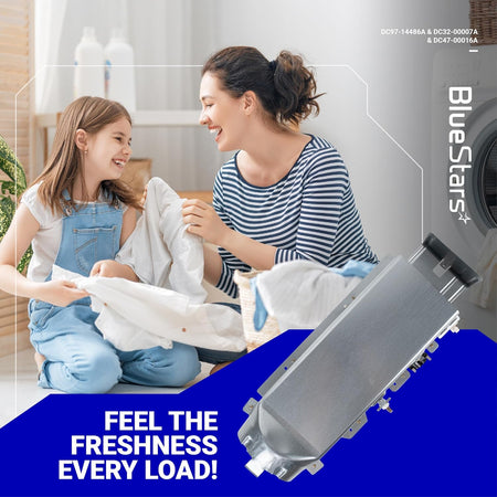 DC97-14486A dryer heating element assembly shown in a lifestyle marketing graphic with a mother and daughter.
