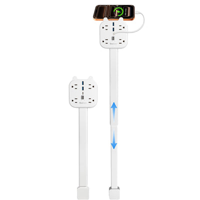 Two adjustable electrical outlet extender sticks with AC outlets and USB charging ports, one shown fully extended.