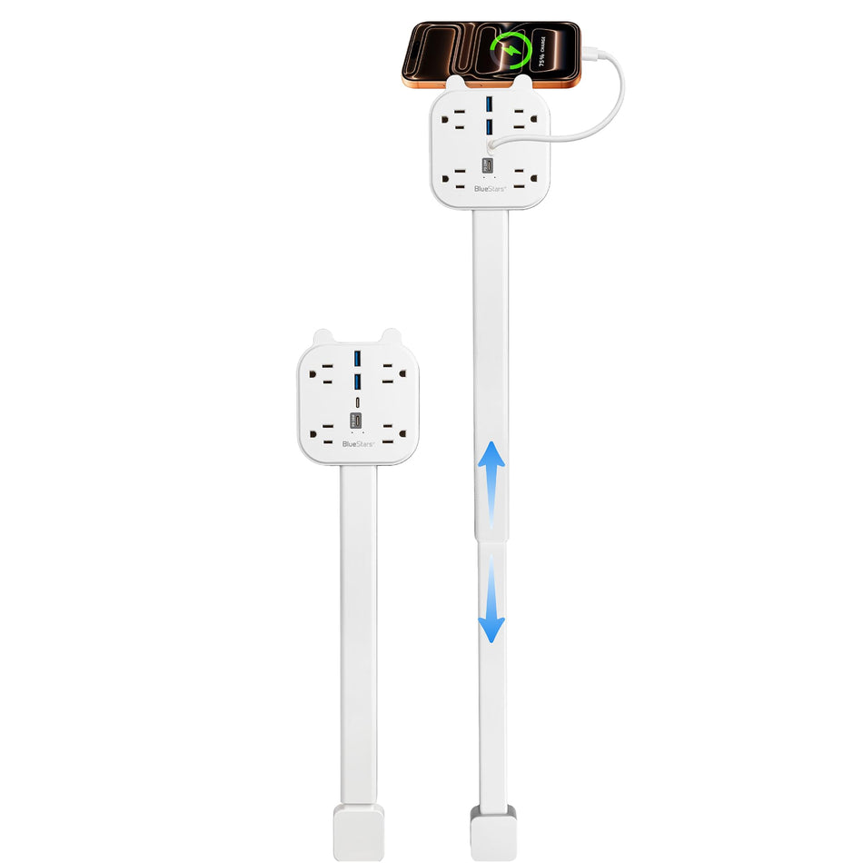 Two adjustable electrical outlet extender sticks with AC outlets and USB charging ports, one shown fully extended.
