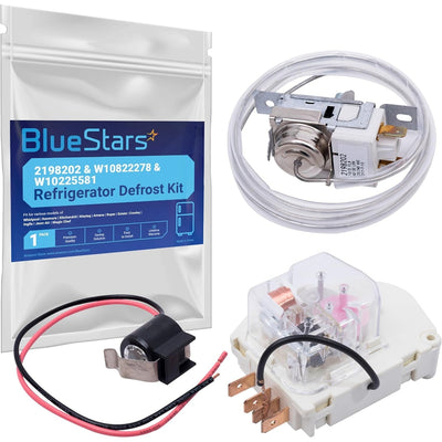 Refrigerator defrost kit with 2198202 cold control thermostat, W10822278 defrost timer, and W10225581 bimetal thermostat.