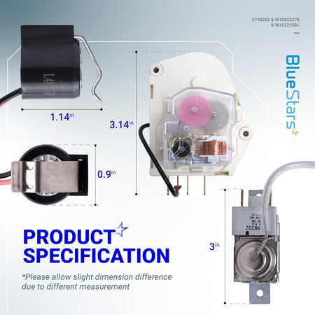 Refrigerator defrost kit components with labeled dimensions for Whirlpool and Kenmore models.