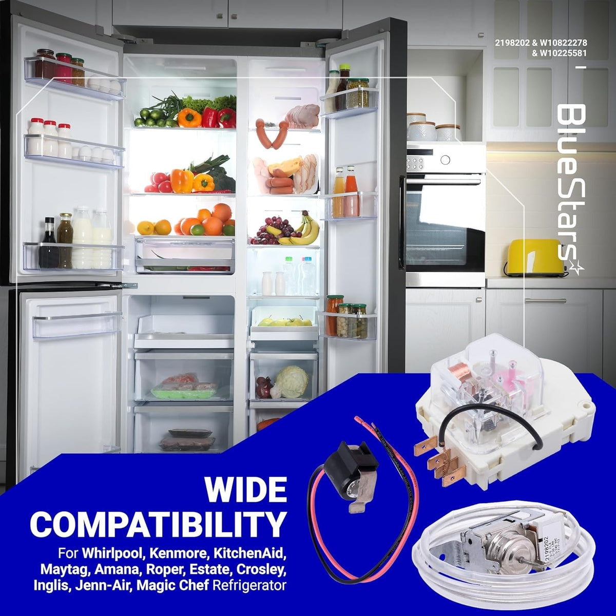 Refrigerator defrost kit including cold control thermostat, defrost timer, and bimetal thermostat for Whirlpool appliances.