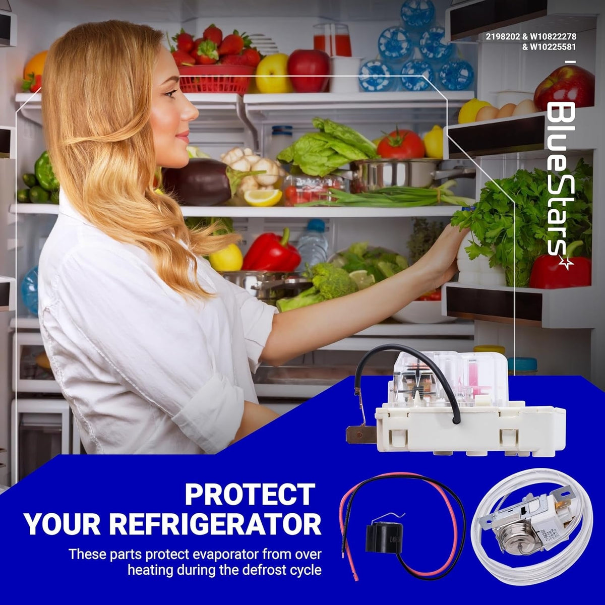 Refrigerator defrost kit with W10822278 timer, bimetal thermostat, and cold control thermostat for Whirlpool and Kenmore.