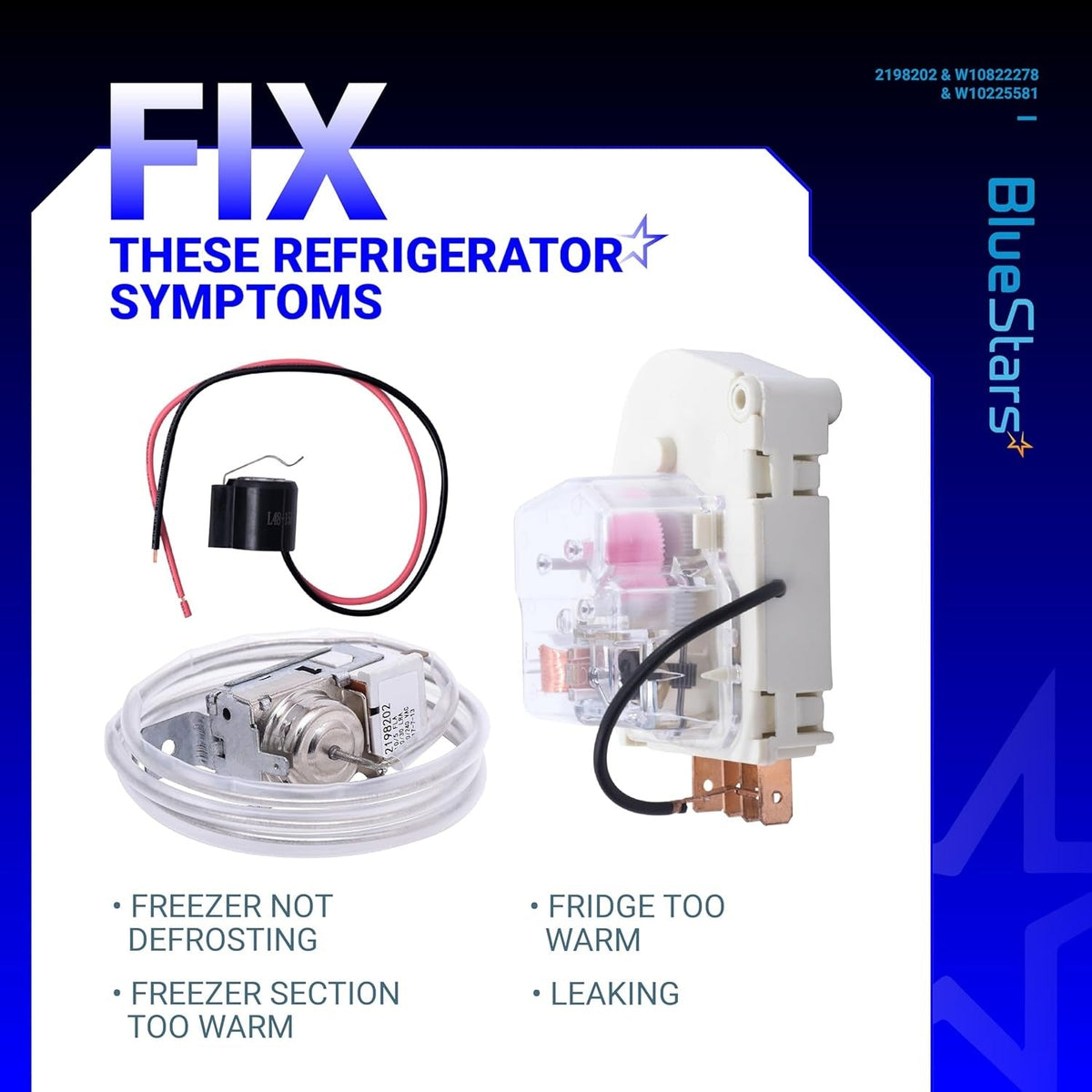 Refrigerator defrost repair kit including cold control thermostat, defrost timer, and bimetal thermostat for Whirlpool.