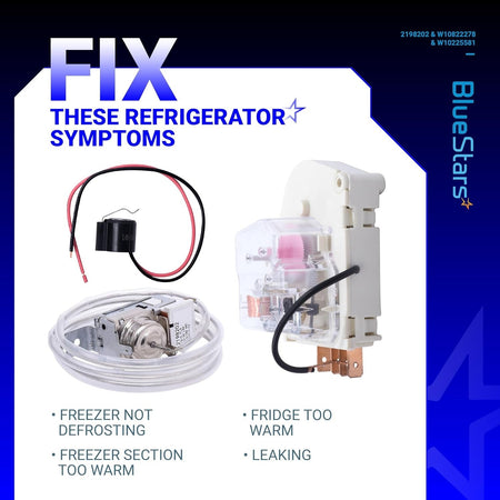 Refrigerator defrost repair kit including cold control thermostat, defrost timer, and bimetal thermostat for Whirlpool.