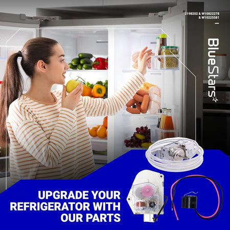 Refrigerator cold control thermostat, defrost timer, and bimetal thermostat replacement kit for Whirlpool and Kenmore.