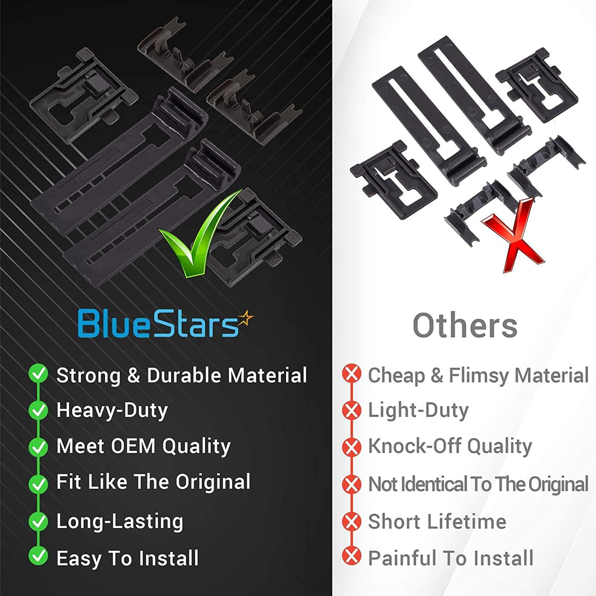 Comparison chart showing BlueStars dishwasher rack adjuster kit vs. inferior quality alternatives.